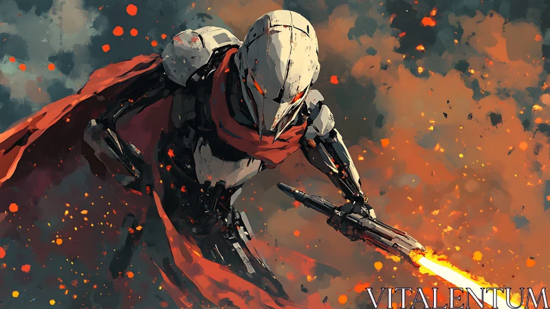 Armored cyborg warrior charging through fiery battlefield.