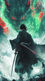 Lone swordsman confronting spectral fox spirit in clouds.