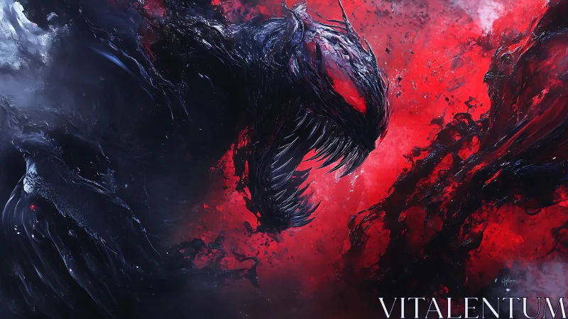 Elongated fanged creature silhouette contrasts with red field