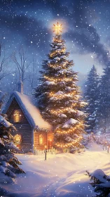 Cozy winter cottage glowing beside a magical Christmas tree.
