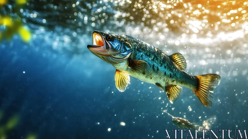 Fish moves upward in sunlit underwater environment