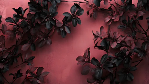 Dark botanical branches contrast sharply with matte coral wall