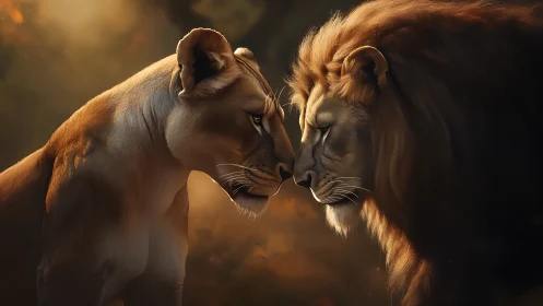 Two Lion Cubs Touching Noses in Golden Light.