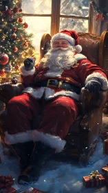 Santa resting by Christmas tree in cozy winter cabin.