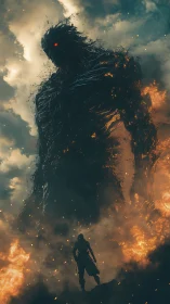 Epic digital painting of lone warrior confronting fire titan.