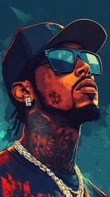 Stylized portrait of tattooed man with cap and sunglasses.