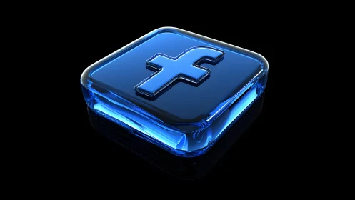 3D Glassy Facebook Logo Icon with Blue Neon Glow on Black Background.