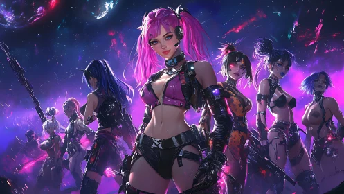 Neon-armored cyber huntresses in deep-space tactical formation.