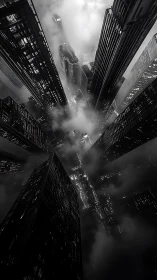Monochrome vertical cityscape engulfed in drifting fog.