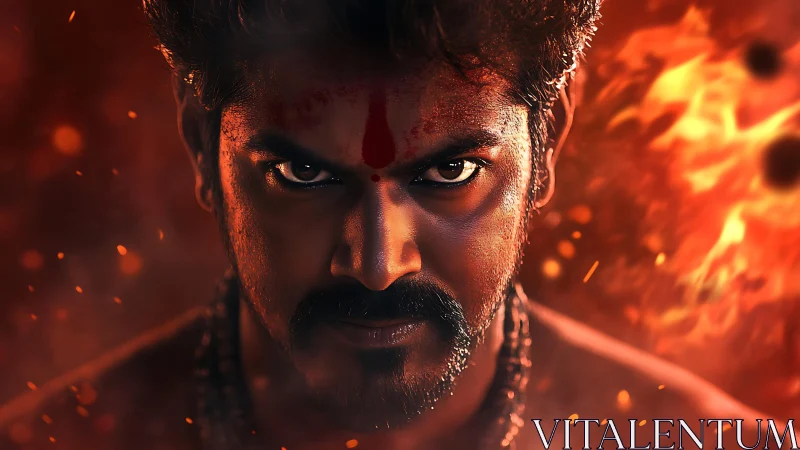 Fire-forged warrior gaze carved in molten twilight heat.