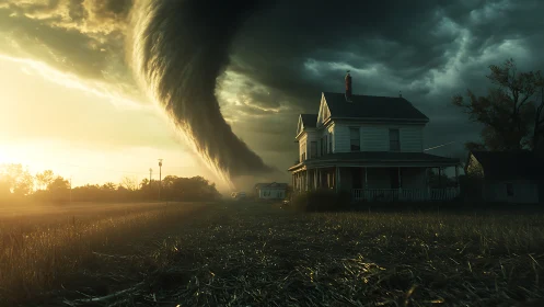 Massive tornado bearing down on isolated farmhouse at dusk