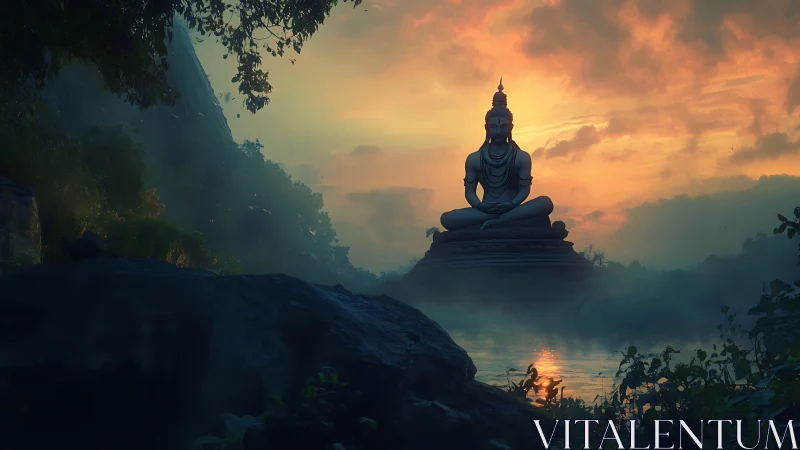 Meditating stone deity overlooks misted river at sunrise