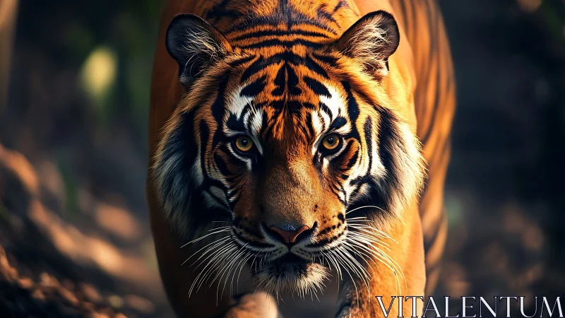 Predatory tiger portrait in dramatic low-key forest lighting.