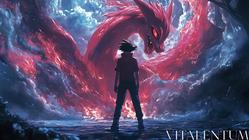 Lone hero confronting colossal red dragon spirit storm.