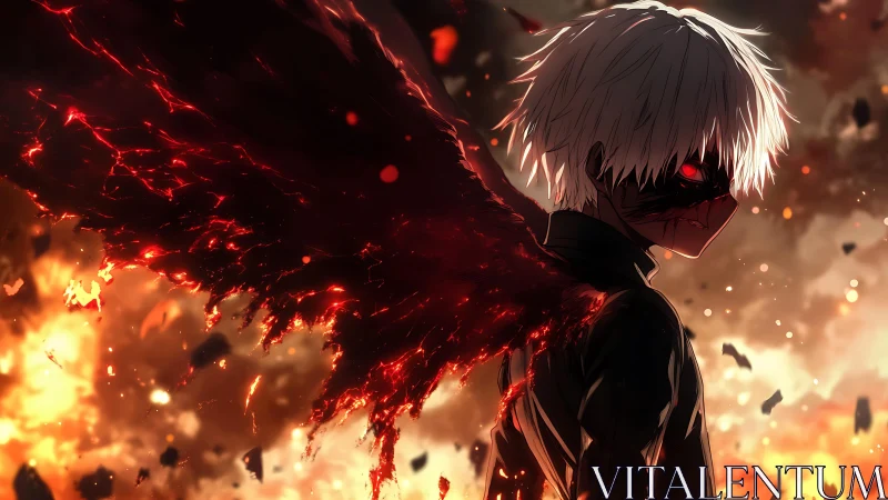 White haired antihero amid burning crimson wing flare.