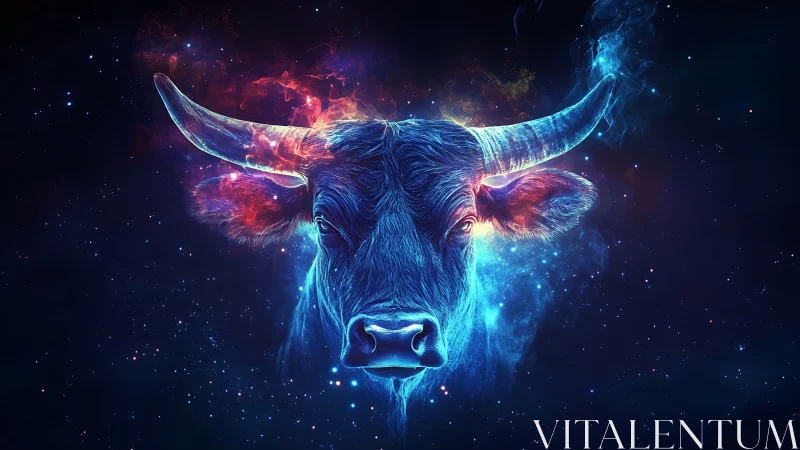 Neon blue bull head floats in glowing cosmic starfield.