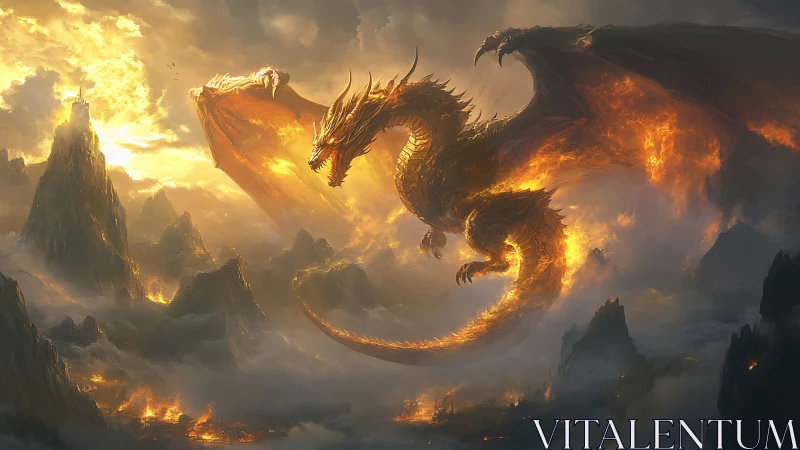 Fire dragon over volcanic mountain range at dusk.