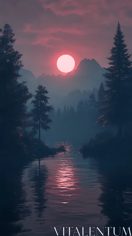 Crimson sun over misty pine lake in cinematic twilight glow.