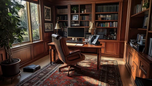 Warm wood-paneled home office glows with afternoon light