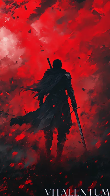 Lone dark swordsman stands against swirling red storm.