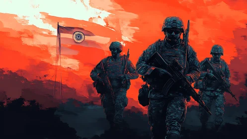 Digitally stylized Indian soldiers advancing before tricolor flag