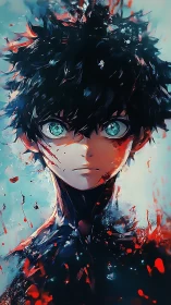 Shattered resolve around an intense teal‑eyed anime hero.