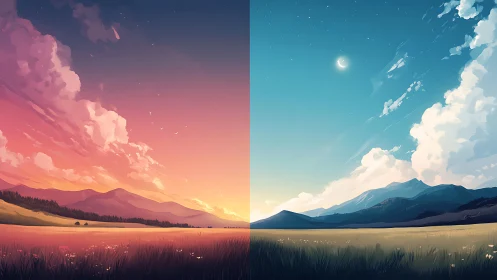 Twilight meadow split between rosy dusk and moonlit dawn.