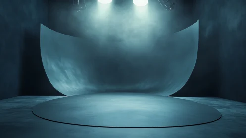 Curved minimal studio stage under focused overhead lights.