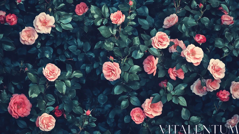 Dense garden roses in pink and cream blooming against moody backdrop.