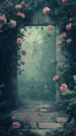 Secret rose garden gate opening onto a dreamy path.