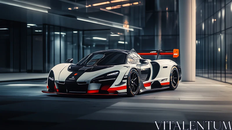 Low-angle view of modern white racing car in glass plaza.