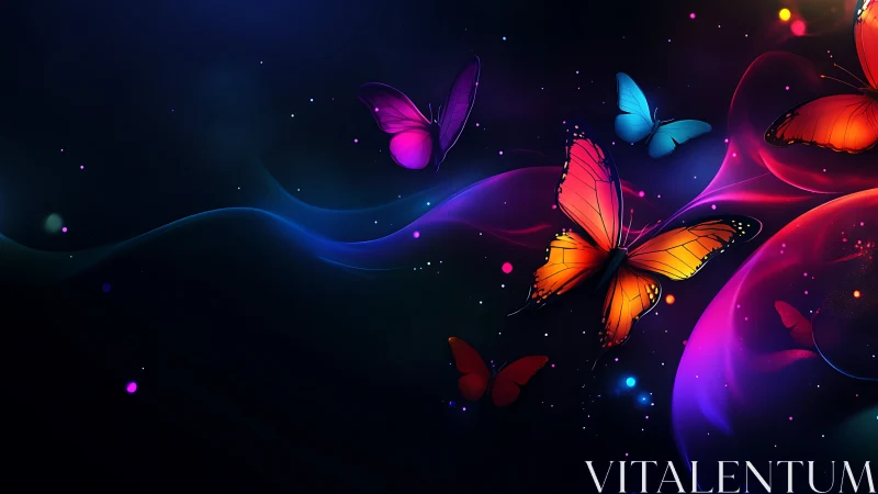 Neon butterflies over glowing abstract cosmic waves.