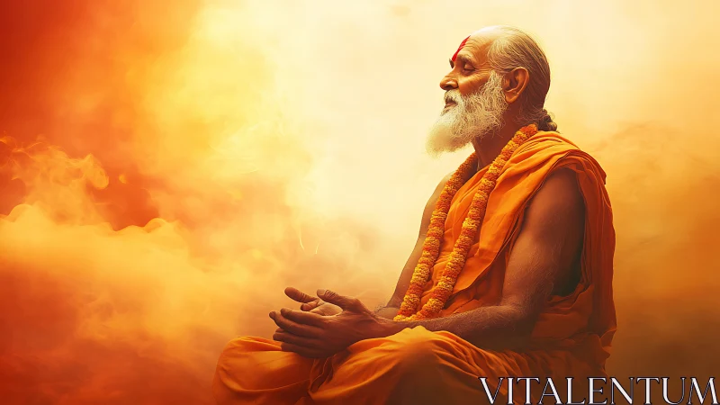Elderly sage meditates in radiant orange spiritual light