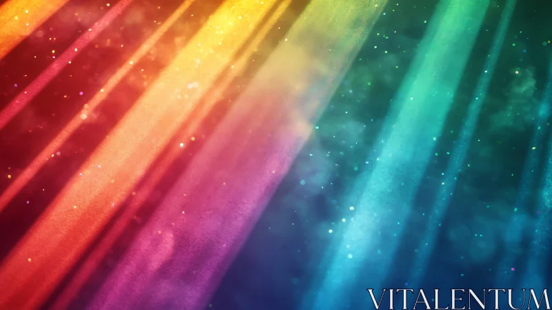 Vibrant rainbow light beams with glittery particles, abstract style.
