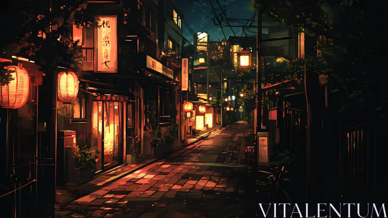Nighttime urban alleyway shows illuminated lantern-lit storefronts