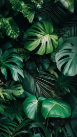 Lush green tropical foliage with layered jungle leaves.