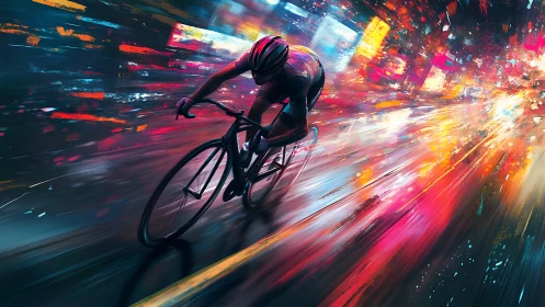 High-speed cyclist silhouette rendered with kinetic motion blur and chromatic city lighting