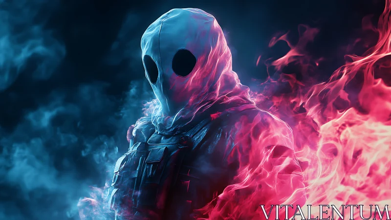 Hooded spectral figure emerges amid blue and pink flames.