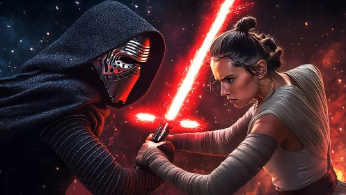 Masked warrior duels focused woman with crossed lightsabers.