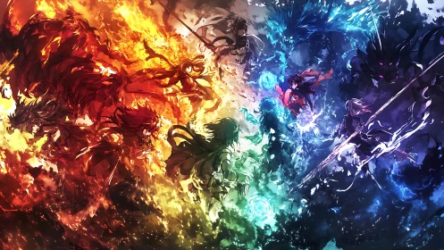 Elemental warriors clash in mirrored formation across chromatic rift