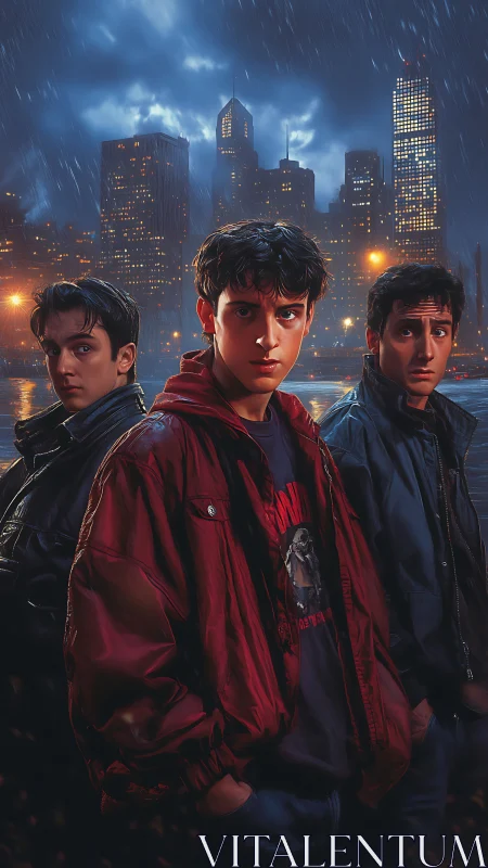 Brooding teen trio under neon city rainstorm skyline.