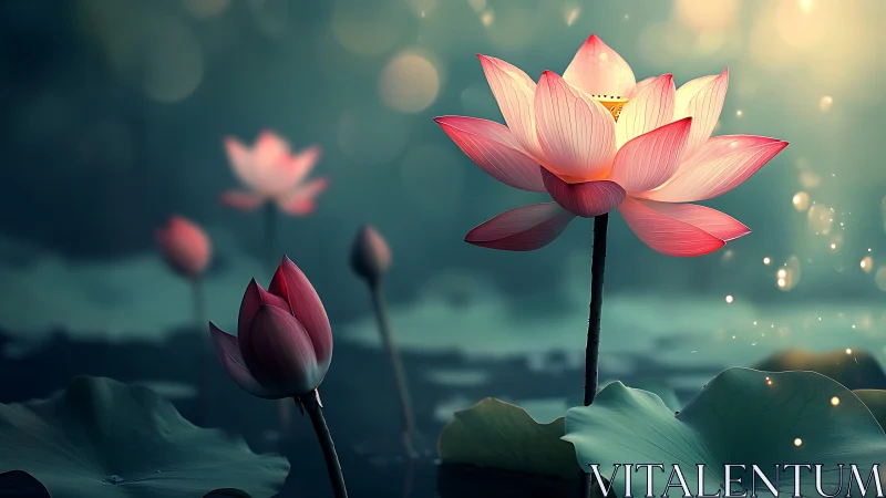 Digital rendering of lotus flowers with layered depth and atmospheric lighting effects.