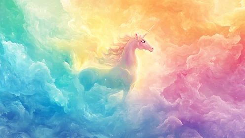 Majestic unicorn standing in swirling pastel rainbow clouds.