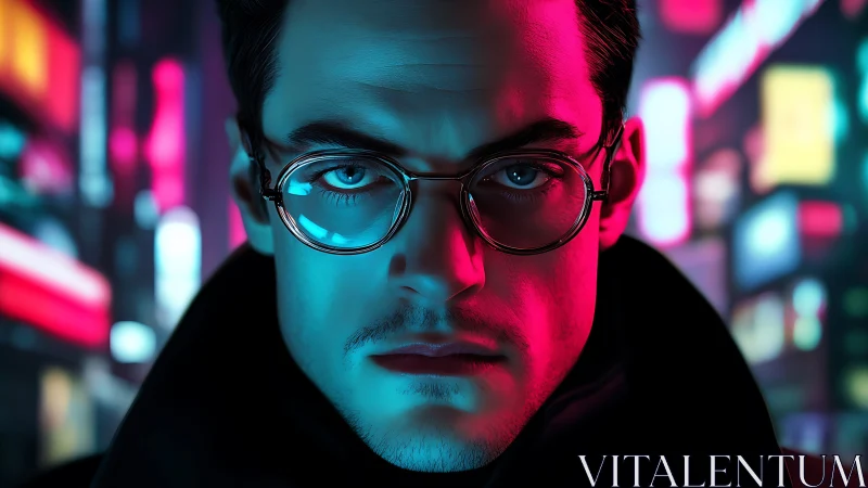 Man in glasses under neon city lights at nighttime.