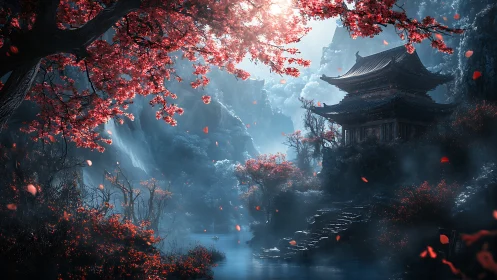 Moonlit mountain shrine rests beneath crimson cherry bloom