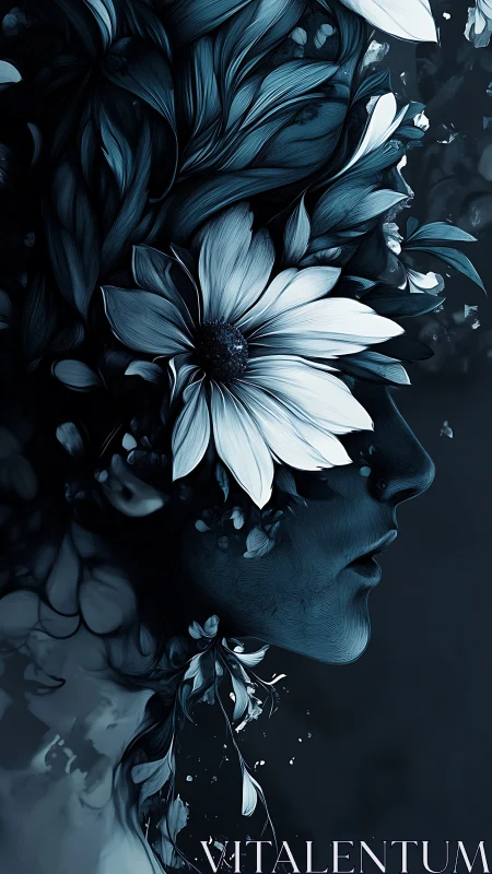 Botanical profile portrait with monochrome floral fusion digital painting.