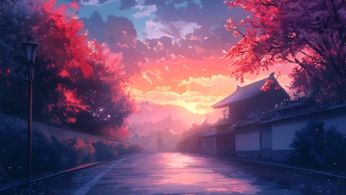 Twilight wet street beside traditional Japanese compound, sakura glow