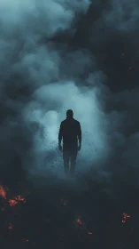 Silhouetted person stands in dense blue smoke above embers