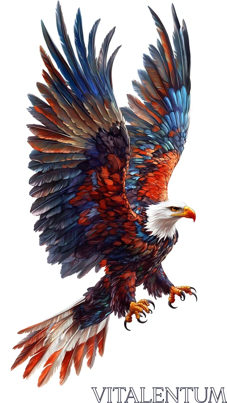 Digital painting of multicolored eagle in dynamic vertical ascent.