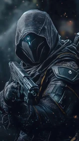 Mysterious sci fi ranger stands ready in glowing battle armor.